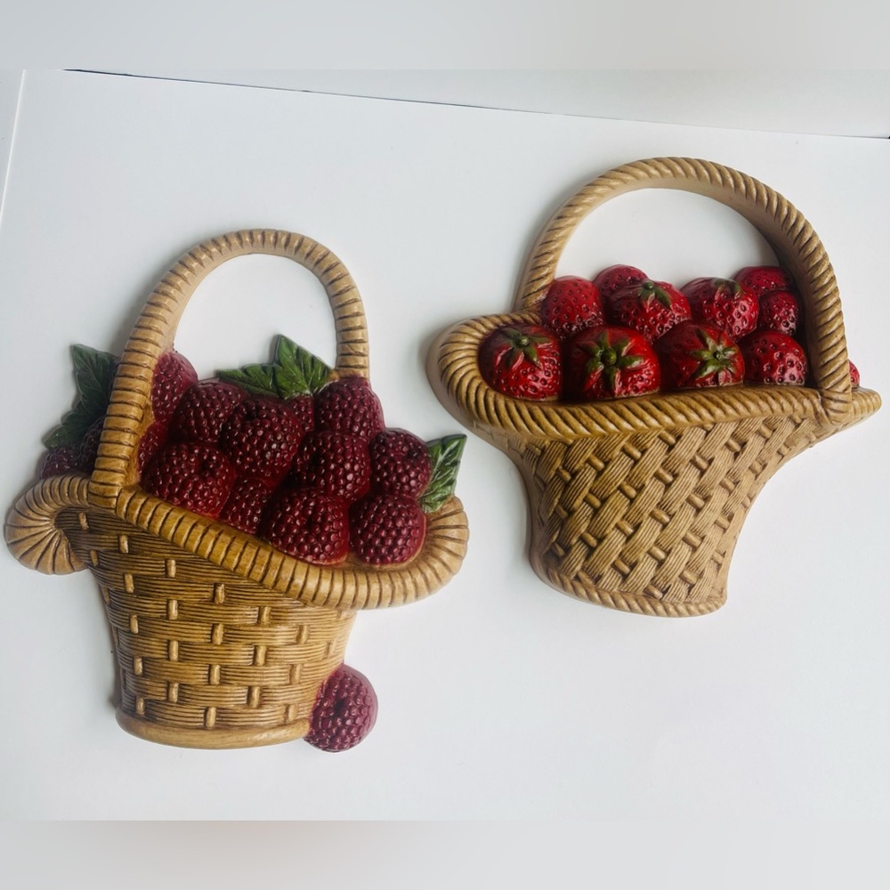 Vintage 1985 Burwood Strawberry Raspberry Basket Fruit Wall Plaque Set Of 2